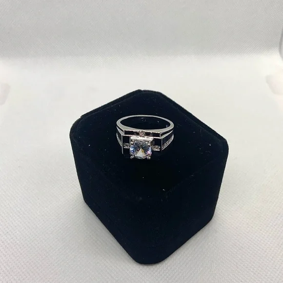 NEW 925 Silver Round Crystal Wide Band Ring
